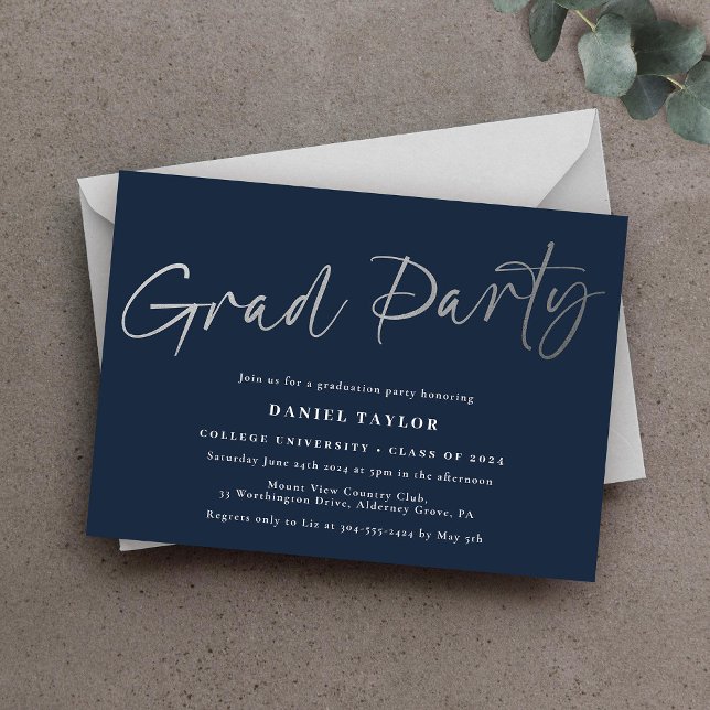 Modern Simple Script Blue Silver Graduation Party (Creator Uploaded)