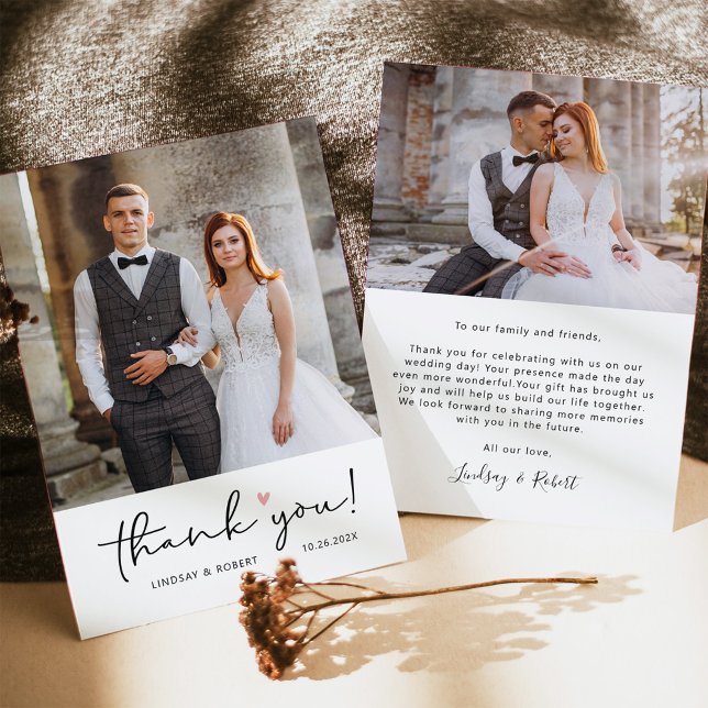 Modern Simple Script Love Heart Wedding Photo Than Thank You Card (Creator Uploaded)