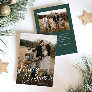 Modern Simple Script Merry Christmas 2 Photo Holiday Card