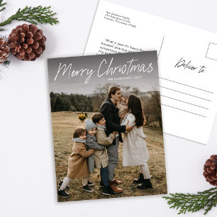 Modern Simple Script Merry Christmas Family Photo Holiday Postcard