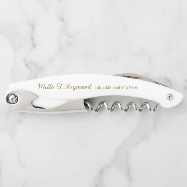 Modern Simple Script Name White Waiter's Corkscrew (Front)