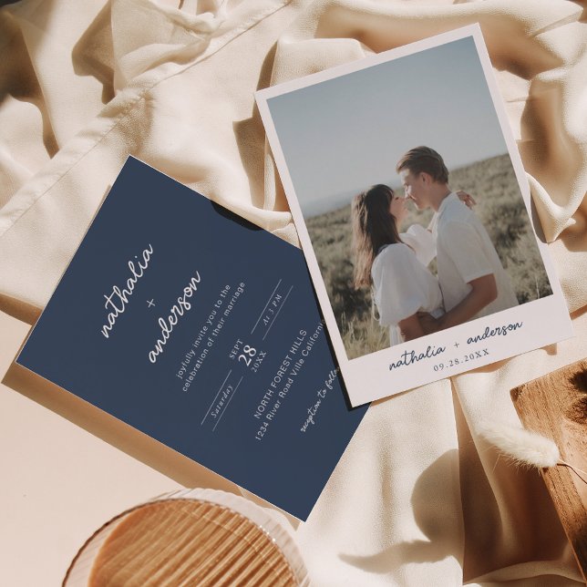 Modern Simple Script Navy Blue Photo Wedding Invitation (Creator Uploaded)