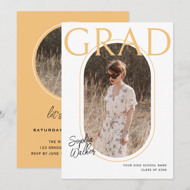 Modern Simple Script Orange Photo Graduation Party Invitation (Front/Back)