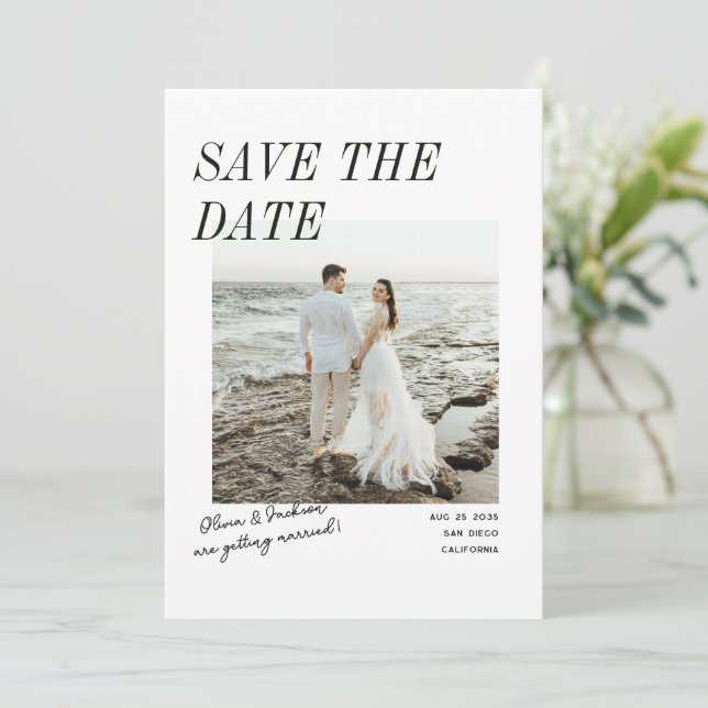 Modern Simple Script Photo Double Sided Save The Date (Standing Front)