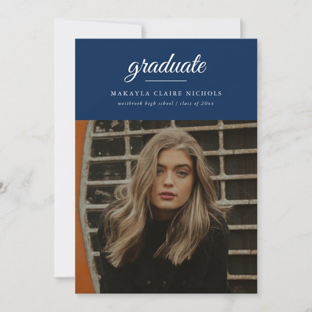 Modern Simple Script Two Photo Blue Graduation Announcement (Front)