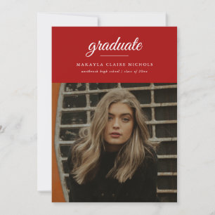 Modern Simple Script Two Photo Red Graduation Announcement