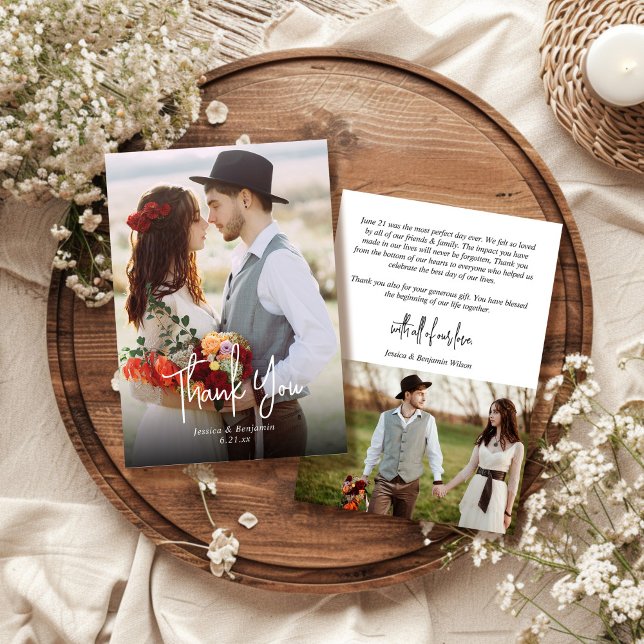 Modern Simple Script Two Photo Wedding Thank You Card (Creator Uploaded)