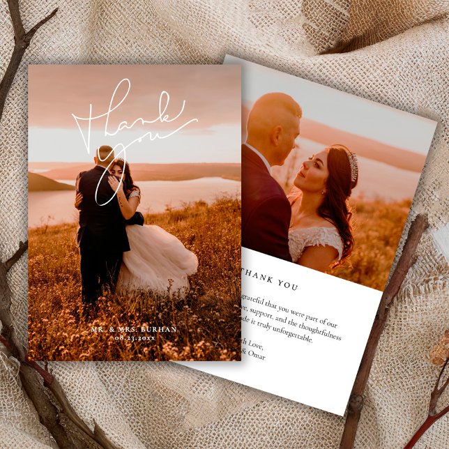 Modern Simple Script Wedding Photo Thank You Card (Creator Uploaded)