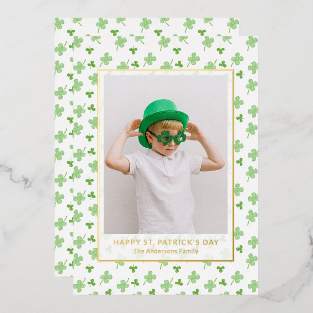 Modern Simple Shamrock St. Patrick's Day Photo  Foil Holiday Card (Front/Back)