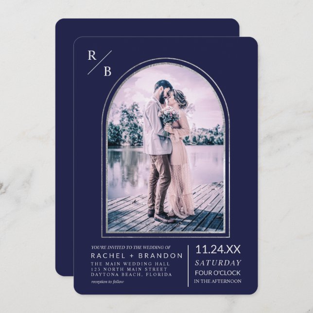 Modern Simple Silver Navy Blue Arch Wedding Invitation (Front/Back)