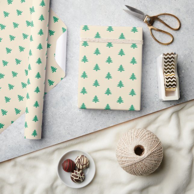 Modern Simple Small Green Christmas Trees on Beige Wrapping Paper (Crafts)