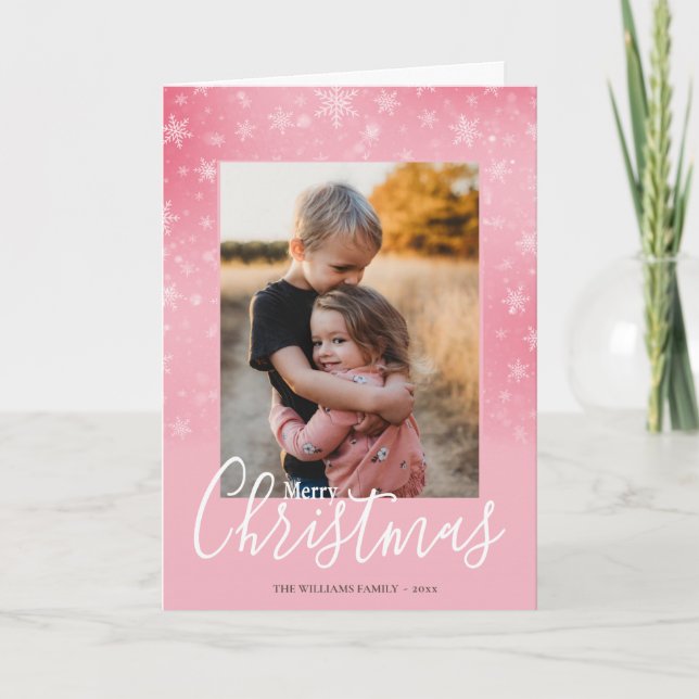Modern Simple Snowy Pink Merry Christmas Photo Holiday Card (Front)