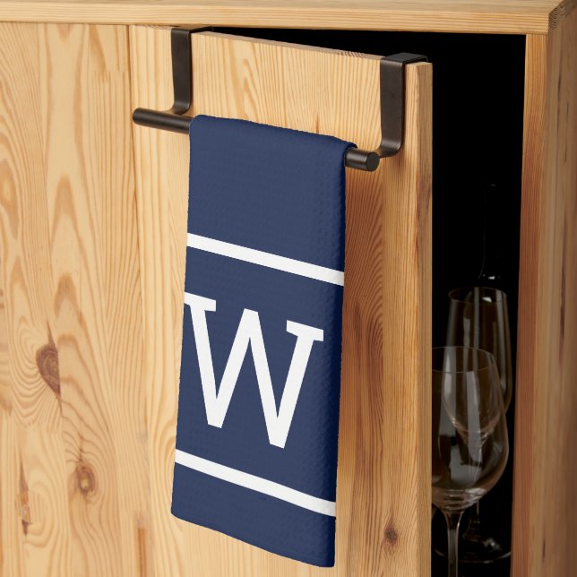 Modern Simple Square Border Monogram Navy Blue Tea Towel (Thirds Fold)
