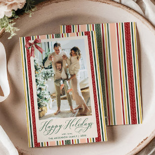 Modern Simple Stripes & Bow Happy Holidays Photo Holiday Card