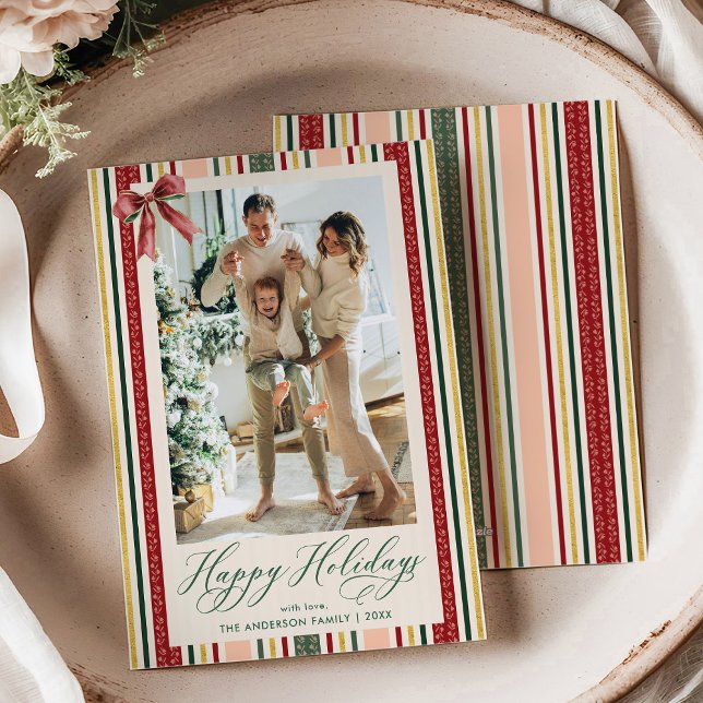 Modern Simple Stripes & Bow Happy Holidays Photo Holiday Card (Creator Uploaded)