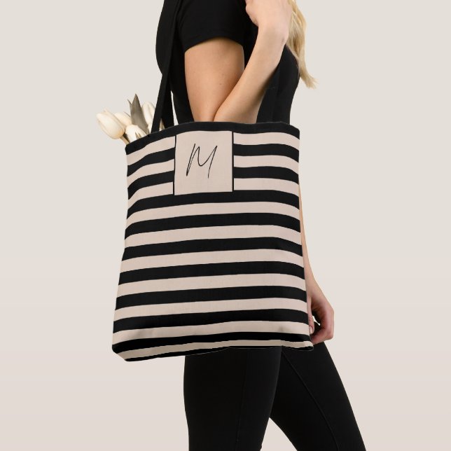 Modern simple stripes monogram tote bag (Close Up)