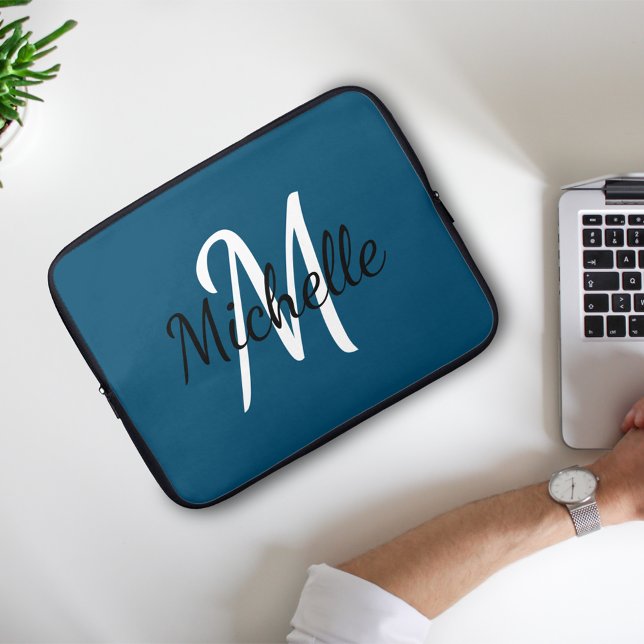 Modern Simple Stylish Blue Monogram Name Initial Laptop Sleeve (Creator Uploaded)