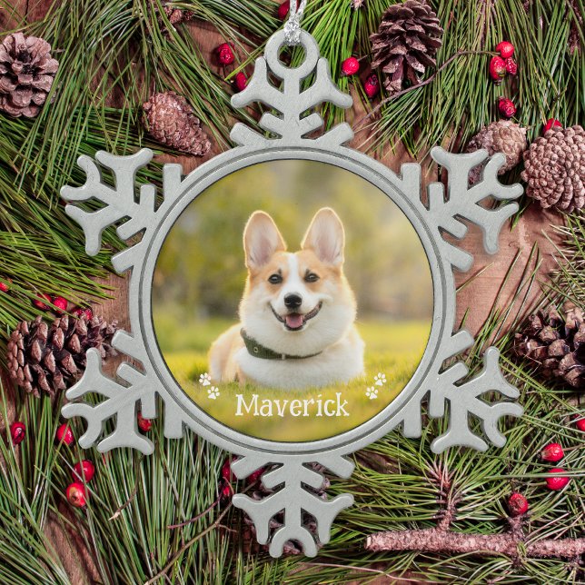 Modern Simple Stylish Personalised Pet Dog Photo Snowflake Pewter Christmas Ornament (Creator Uploaded)