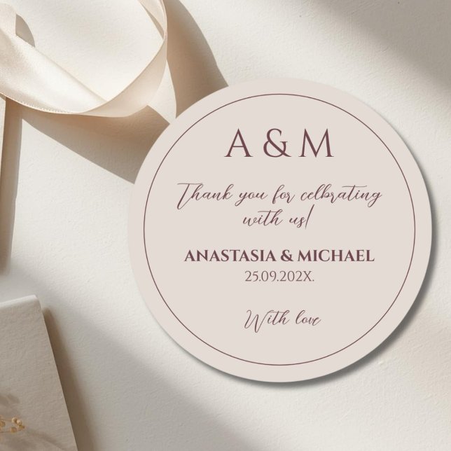 Modern simple tan minimalist wedding classic round sticker (Creator Uploaded)