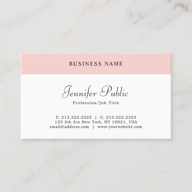 Modern Simple Template Elegant Blush Pink White Business Card (Front)