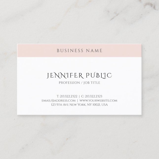 Modern Simple Template Elegant Blush Pink White Business Card (Front)