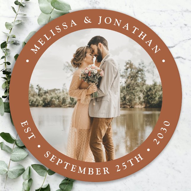 Modern Simple Terracotta Personalise Photo Wedding Round Paper Coaster (Creator Uploaded)