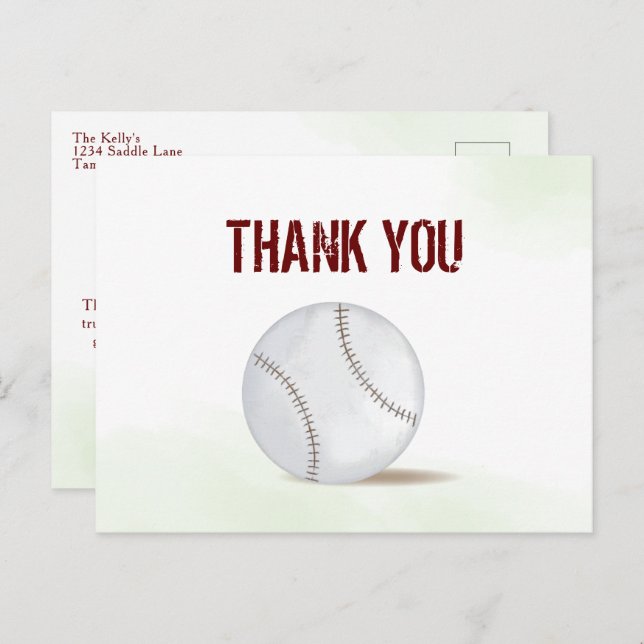 Modern Simple Thank You Watercolor Baseball Postcard (Front/Back)