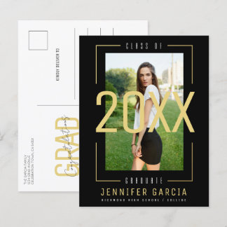 Modern Simple Trendy Photo Gold Black Graduation Announcement Postcard