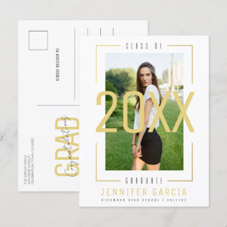 Modern Simple Trendy Photo Gold White Graduation Announcement Postcard