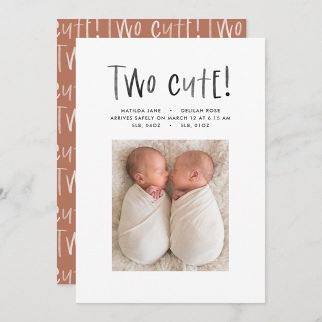 Modern simple twin photo terracotta two cute birth announcement (Front/Back)