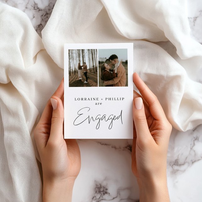 Modern & Simple Two-Photo Engagement Announcement  (Contemporary “We’re Engaged” 2-Photo Invitation.)