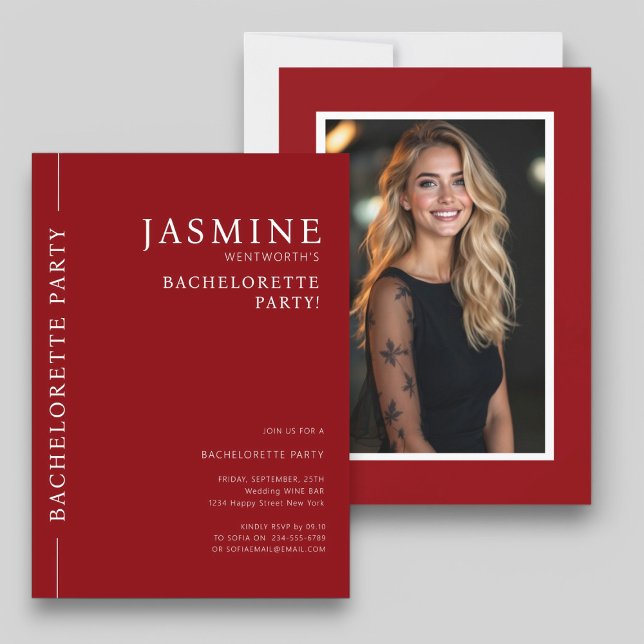 Modern simple typography photo bachelorette party  invitation (modern clean typography bachelorette party invitation in red and white )