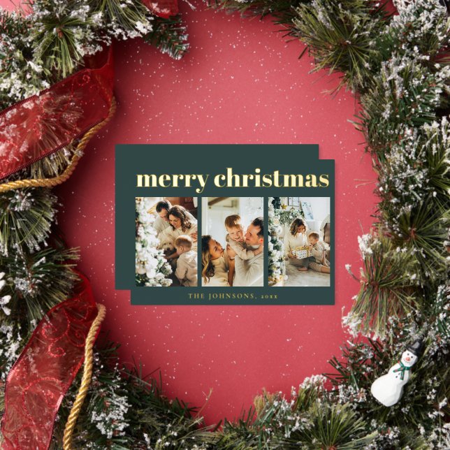 Modern Simple Typography Photo Green Christmas Foil Holiday Card (Insitu)