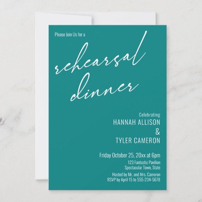 Modern Simple Typography Rehearsal Dinner Teal Invitation (Front)