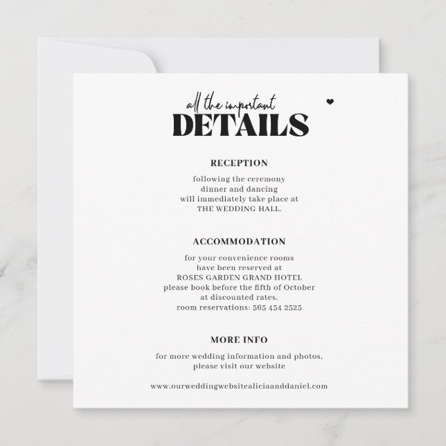 Modern simple typography wedding details square card (Front)