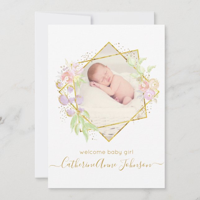 Modern Simple Watercolor Baby Girl Announcement (Front)
