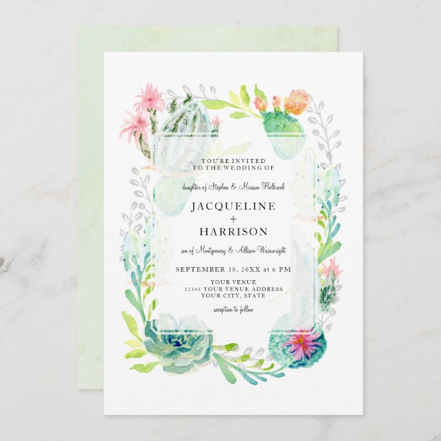 Modern Simple Watercolor Desert Cactus Floral Art Invitation (Front/Back)