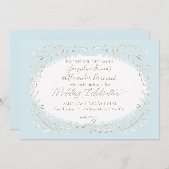 Modern Simple Watercolor Foliage Blue Script Invitation (Front/Back)