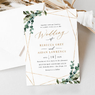 Modern Simple Watercolor Greenery Gold Wedding Invitation