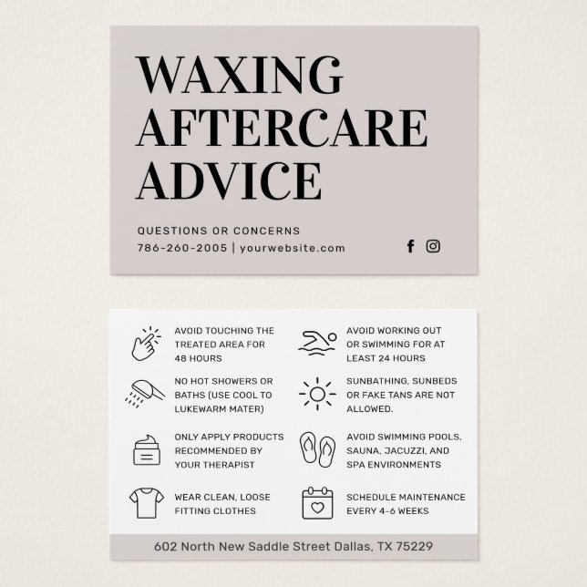 Modern Simple Waxing Aftercare Card Hair Removal (Front & Back)