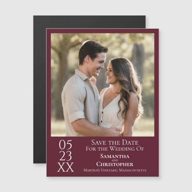 Modern Simple Wedding Save the Date Photo Burgundy Magnetic Invitation (Front/Back)