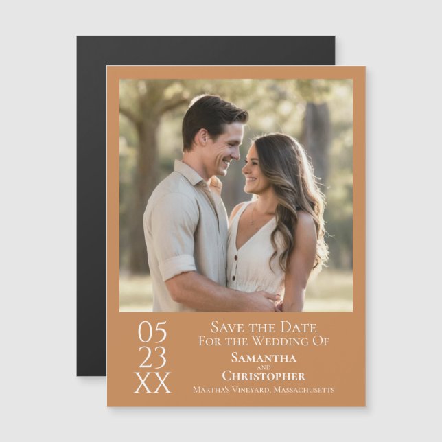 Modern Simple Wedding Save the Date Photo Gold Tan Magnetic Invitation (Front/Back)