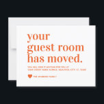 Modern Simple We've Moved Guest Room Moving Orange Announcement<br><div class="desc">Your Guest Room Has Moved Moving Announcement featuring a modern script and font typography and a heart. The colours can be changed easily by clicking personalise and then click to customise further to view our colour picker. Contact our shop if you require help.</div>