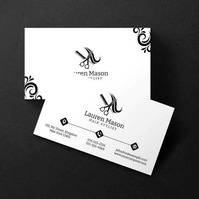 Modern Simple White and Black Hair Stylist Salon Business Card (Creator Uploaded)