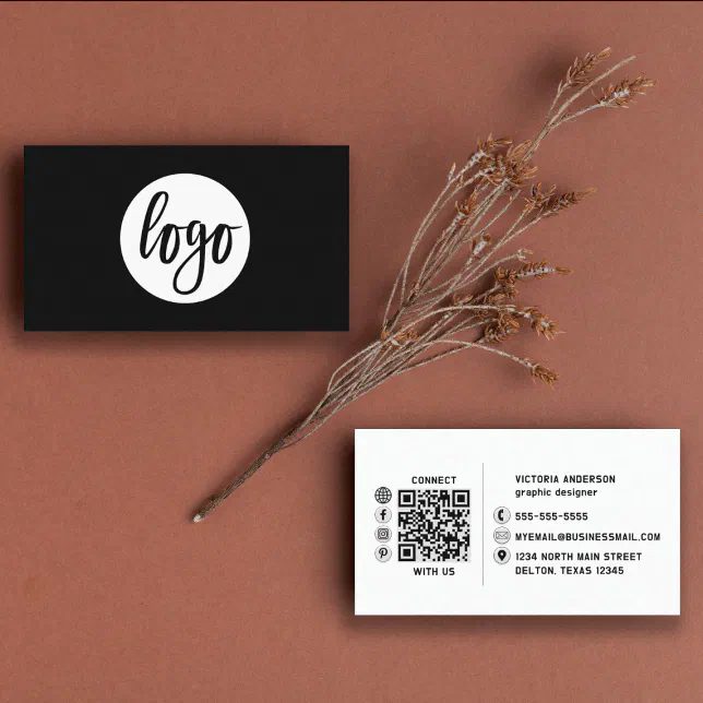 Modern Simple White and Black Logo QR Code Business Card | Zazzle