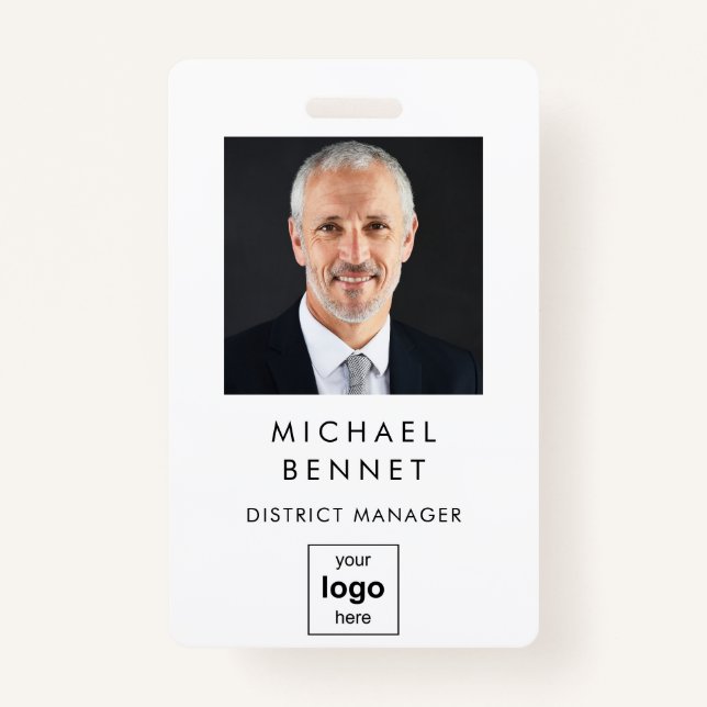 Modern Simple White Corporate Photo ID ID Badge (Front)