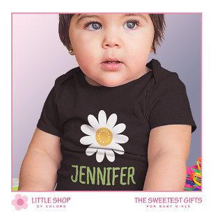 Modern Simple White Daisy Flower Custom Name Baby Bodysuit