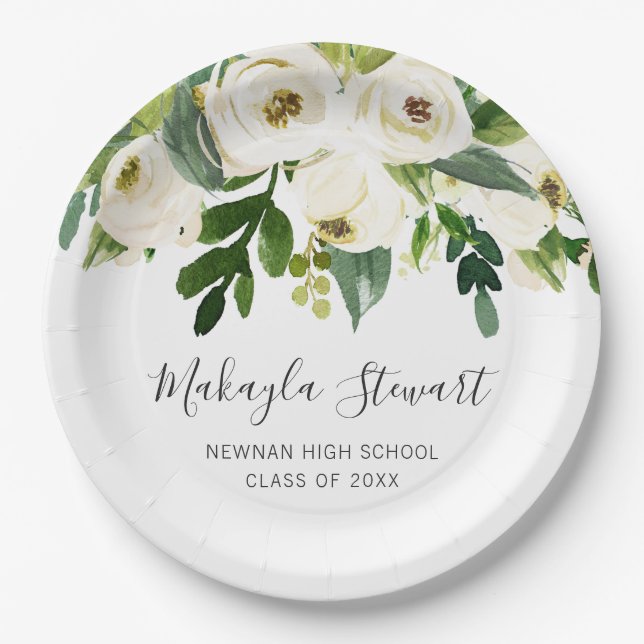 Modern Simple White Floral Elegant Graduation Paper Plate (Front)