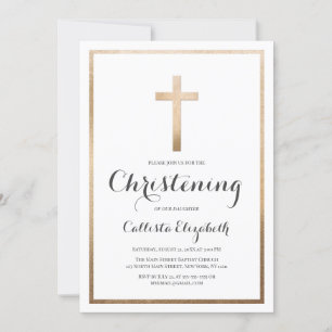 Modern Simple White Gold Cross Border Christening Invitation