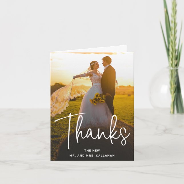 Modern Simple White Script Overlay Wedding Photo Thank You Card (Front)